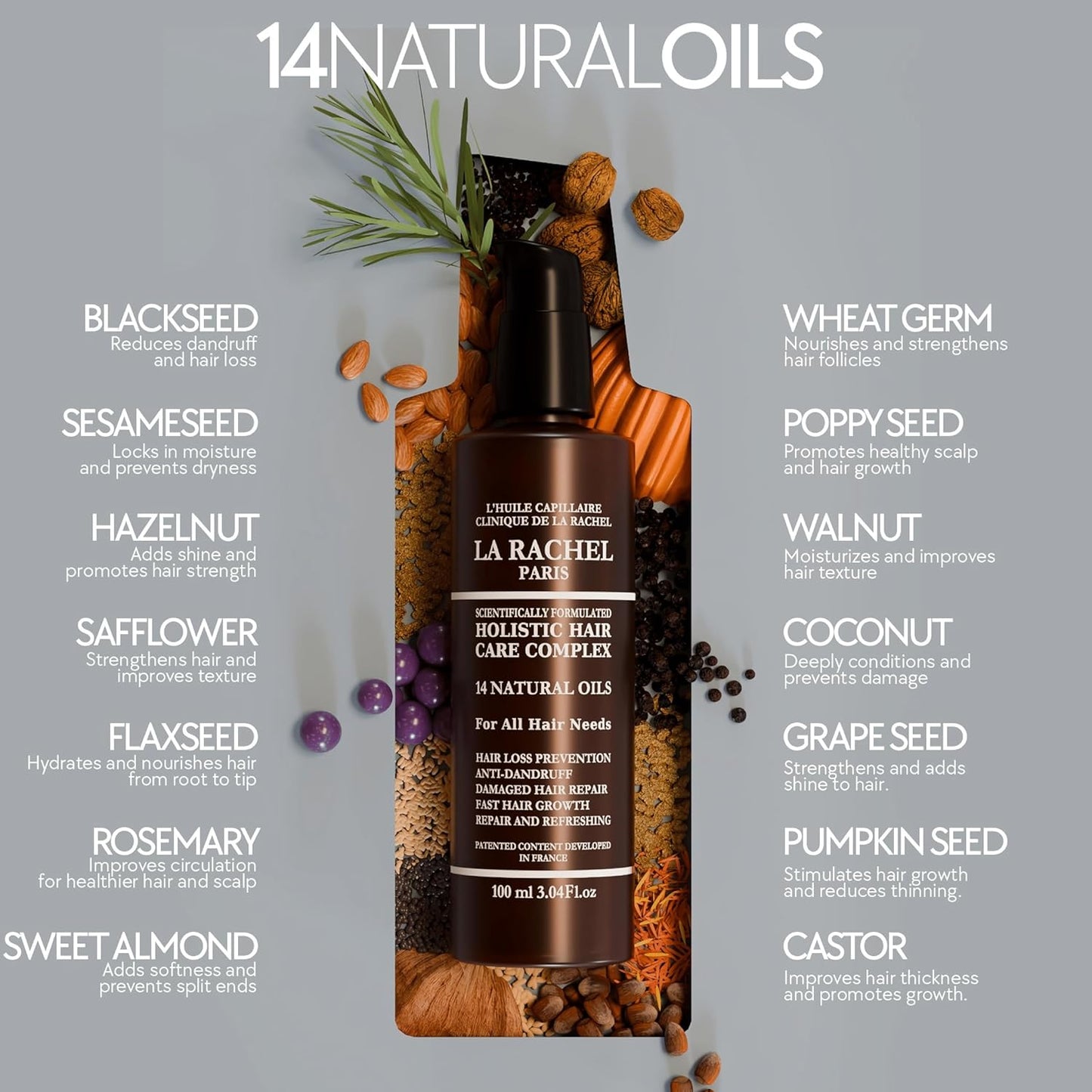 LA RACHEL 14-in-1 Hair Care Oil for Growth & Strength | Scalp & Follicle Nourishing Oil | Restores Shine & Repairs Damaged Hair for Healthier, Stronger Locks Paris | 3.4 Fl oz