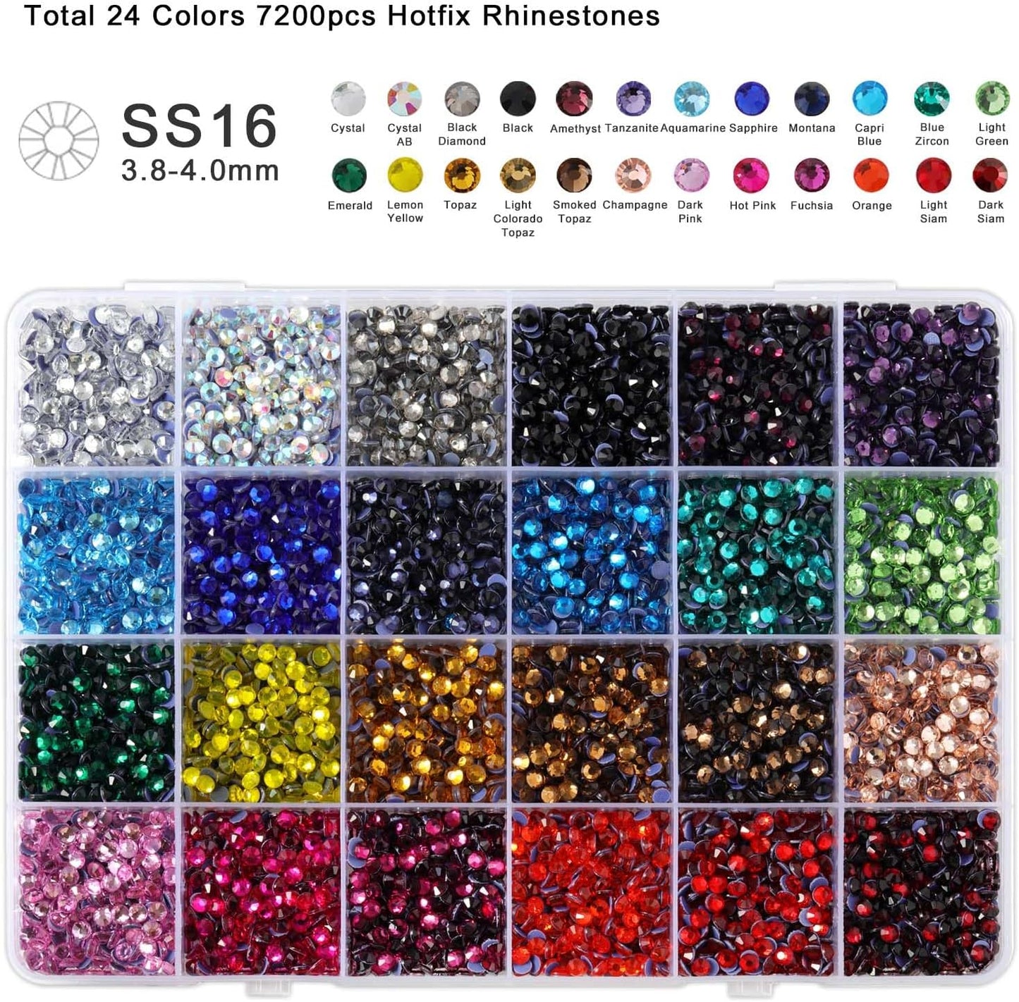 Hotfix Rhinestones Mixed 24 Colors, SS16 Rhinestones for Crafts Clothes, Hotfix Crystals with 1 Tweezers, 1 Wax Pencil and 1 Spoon