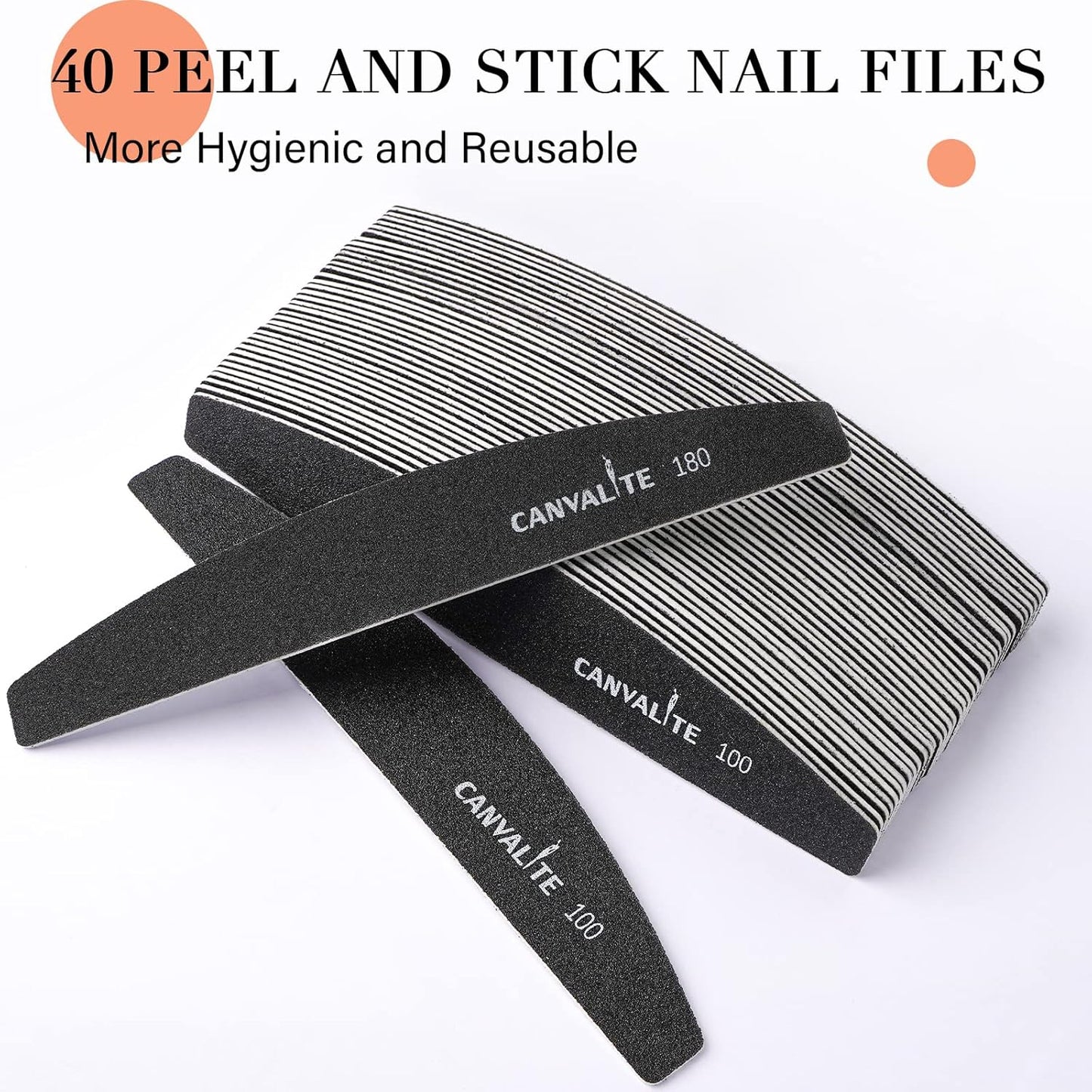Canvalite 40 PCS Nail File 100/180 Grit Peel and Stick Nail Files Replaceable Emery Boards Reusable Nail File for Acrylic Nails Professional for DIY Salon Use