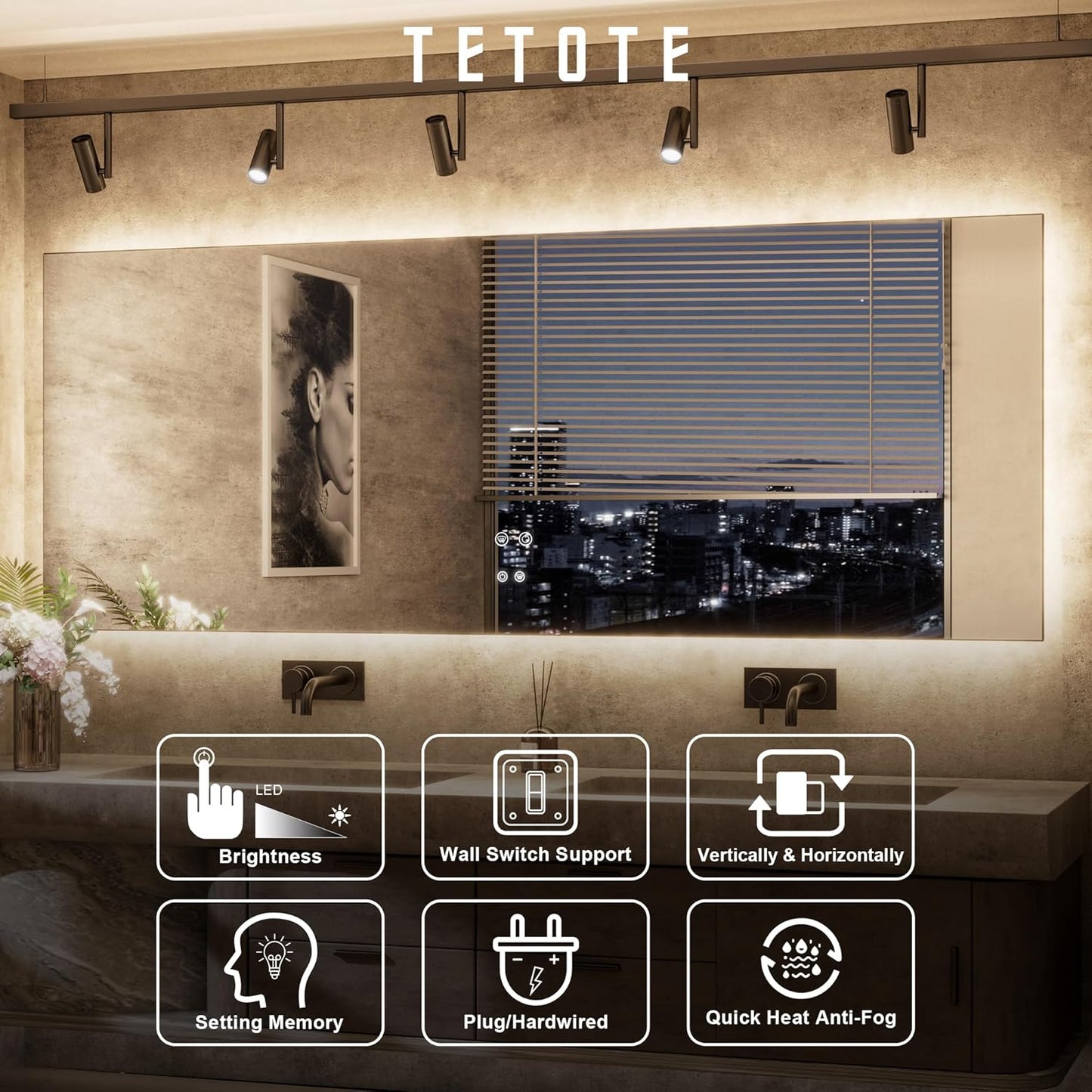 TETOTE 48 x 36 Inch LED Backlit Bathroom Mirror with Lights, 3Color White/Warm/Natural, Anti-Fog Lighted Mirror,Dimmable,Vanity Mirror,Wall Mounted