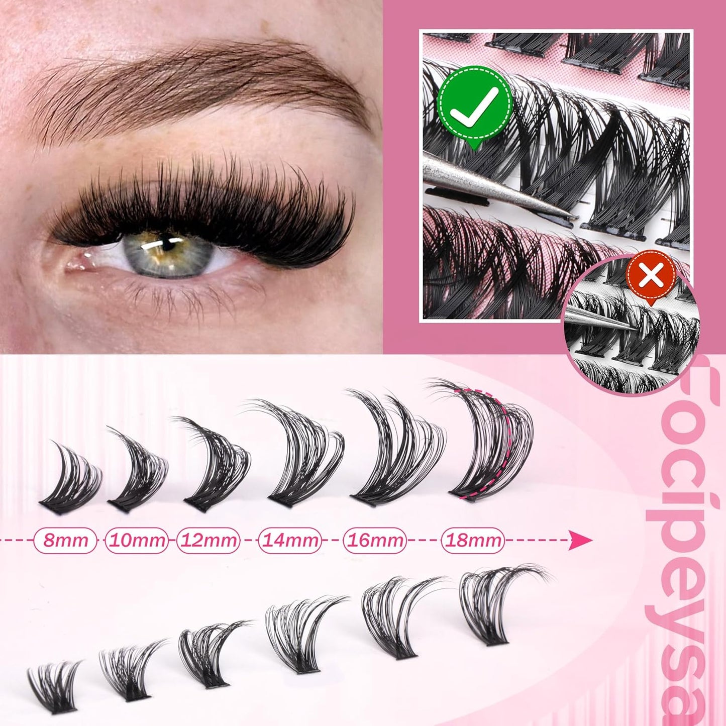 DIY Lash Extension Kit 300pcs Individual Lashes Cluster 80D D Curl Eyelash Extension Kit Lash Clusters with Lash Applicator Tool for Self Application by Focipeysa (80D-0.07D-8-18MIX)