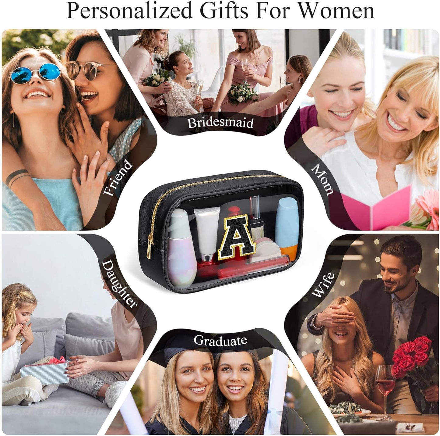 YOOLIFE Initial Travel Makeup Bag Pouch, Clear Toiletry Bag for Women Travel Accessories Cosmetic Bag Skin Care for Teen Make Up Bags Birthday Gifts for Women Unique Teacher Mom Friends Gifts Black N