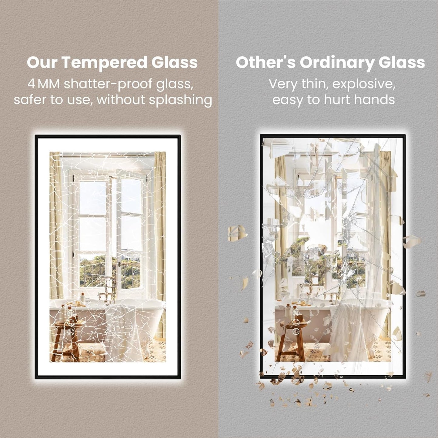 Amorho 48"x 32" LED Bathroom Mirror with Black Frame, Front Light and Backlit(Controlled Separately), Stepless Dimmable, Anti-Fog, Shatter-Proof, 3 Colors, Memory