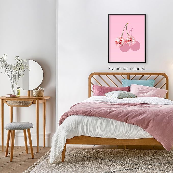 jkahh Funky Pink Cherry Poster Retro Disco Ball Canvas Wall Art Trendy Preppy - Image 7
