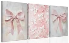 Pink Bow Canvas Wall Art Set of 3 Coquette Oil Painting Cute Bow Posters Wall by wallart