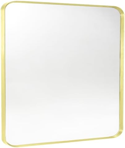 Gold Bathroom Mirror 30x36in, Metal Framed Rounded Rectangle Wall by Minuover