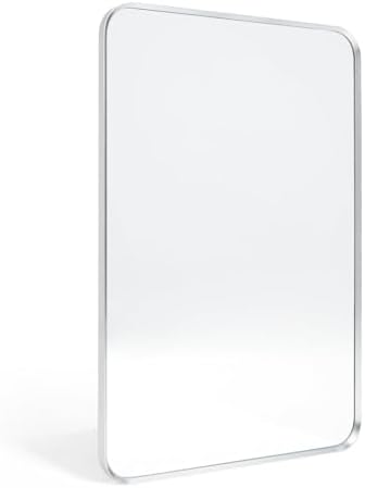 Silver Bathroom Mirror 16x20in, Metal Framed Rounded Rectangle by Minuover