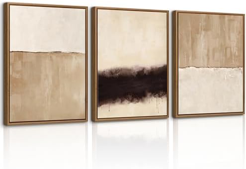 Abstract Neutral Framed Canvas Beige Dark Brown Wall Art Prints 12"x16"x3 by WENGTIAO