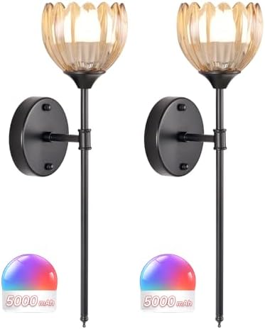 Shenmoyl Battery Operated Wall Sconce Set of 2, Amber Tulip Vintage Wall Light by Shenmoyl