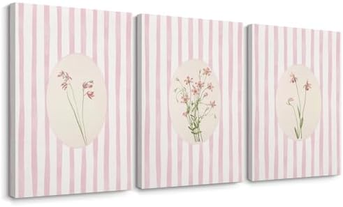 Pink Flower Wall Art Striped Floral Prints Botanical Canvas Wall Decor by Youillne