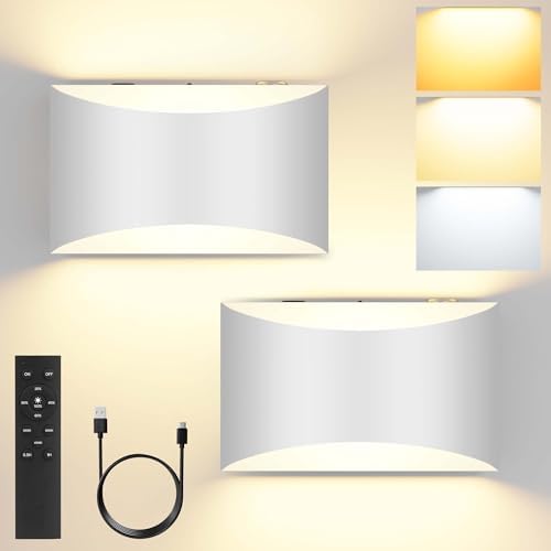 Battery Operated Wall Sconces Set of 2 Rechargeable Wireless White by FOLKSMATE