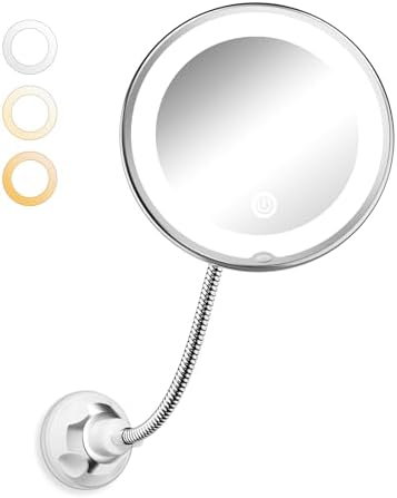 10x Magnifying Mirror with Light, Gooseneck Travel Make up Mirror 3 Lighting by Brightown