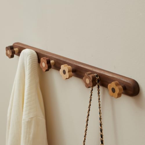 Kids Coat Rack Wall Mount with 6 Cute Flower Hooks, Decorative Walnut Wood Wall - Image 6