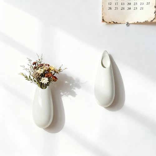 White Ceramic Wall Vases, 5.9 Inch, Teardrop Design - Image 3