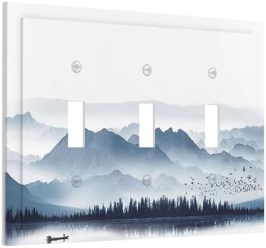 Decorative Switch Plates Mountain Foggy Lake Boat Grey Blue Forest Birds 3 Gang - Image 2