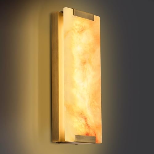 14.2 in Brass Alabaster Wall Sconces, Natural Marble Wall Sconces Indoor by YLINKSEE
