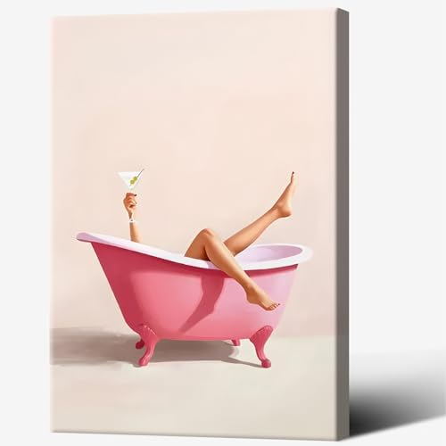 Woman With Cocktail In Bathtub Poster Cute Pink Bathroom Martini Canvas Wall by Unknown
