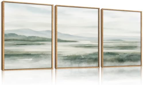 HOURIA Watercolor Misty Green Mountain Framed Canvas Wall Art Set-12"x16"x3 by HOURIA