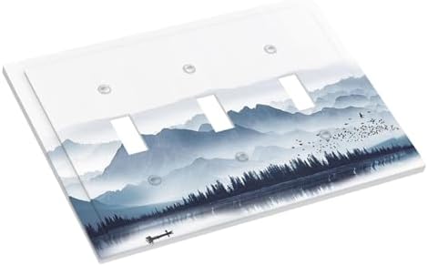 Decorative Switch Plates Mountain Foggy Lake Boat Grey Blue Forest Birds 3 Gang - Image 3