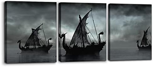 Pacimo Black and White Painting Wall Decor Vikings Ship Artwork Fantasy Sailing by Pacimo