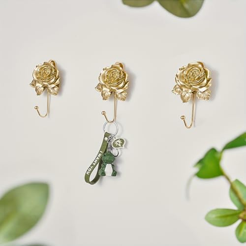 3 Pcs Gold Rose Decorative Wall Hooks, Resin Flower Towel & Key Hooks - Image 2