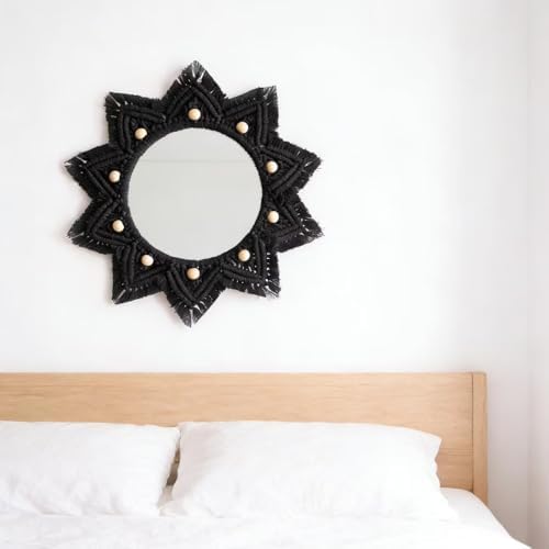 TENEWEE Boho Wall Decor Black Macrame Round Hanging Mirror - Image 6
