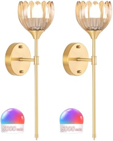 Shenmoyl Battery Operated Wall Sconce Set of 2, Amber Tulip Vintage Wall Light by Shenmoyl