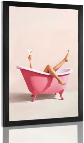 Woman With Cocktail In Bathtub Poster Cute Pink Bathroom Martini Canvas Wall by Unknown