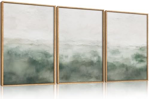 Large Abstract Grey Green Framed Canvas Wall Art, Watercolor Neutral White Wall - Image 6