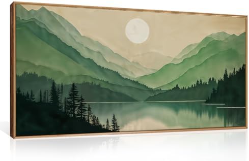 Green Boho Mountain Lake Framed Canvas Wall Art Set-40"x20"x1 - Image 5