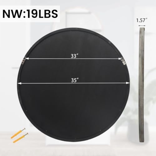 35" Round Wood Mirror, Large Wooden Wall Mirror - Image 2