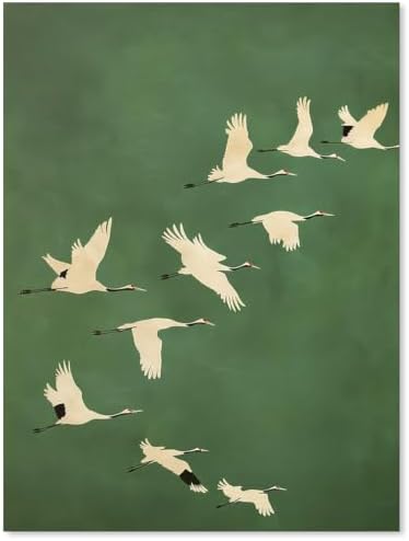 Emerald Green Gold Cranes Wall Art Japanese Bird Poster Vintage Minimalist by Unknown