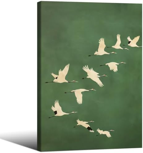 Emerald Green Gold Cranes Wall Art Japanese Bird Poster 16X24 inch Framed by Unknown