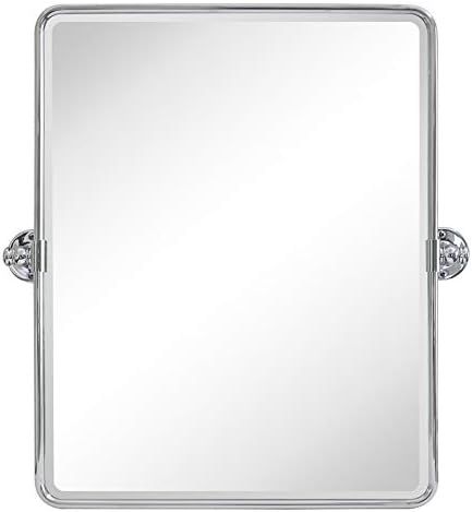 Farmhouse Chrome Metal Framed Pivot Rectangle Bathroom Mirror Rounded - Image 2