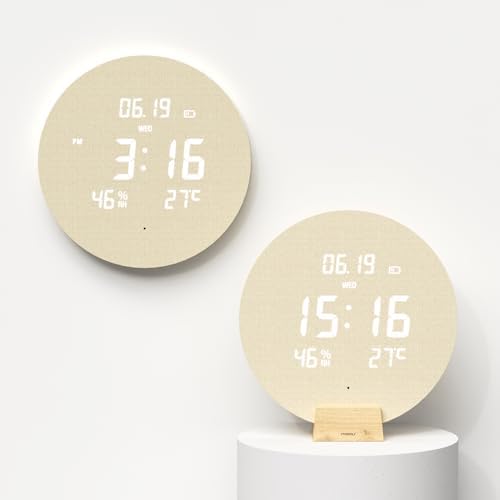 mooas Wood Moon Cordless Digital LED Wall Clock, Temperature/Humidity - Image 2