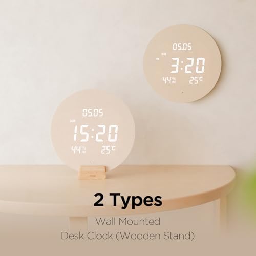 mooas Wood Moon Cordless Digital LED Wall Clock, Temperature/Humidity - Image 6