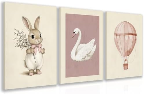 Hianan Wrapped Canvas Pink Cute Bunny Nursery Wall Art Set of 3, 16x24 in by Unknown