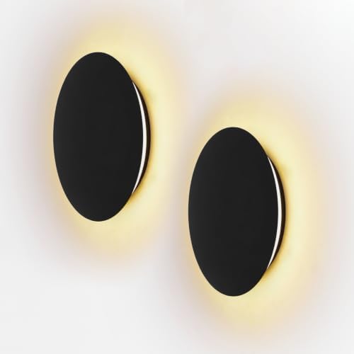 Hardwired 9" Round Backlit Black Indoor LED Wall Sconce, 2 Pack by LUXLUCIO