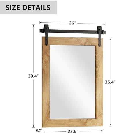 Farmhouse Bathroom Mirror 26”x40” Rustic Wood Framed Wall Mirror Barn Door - Image 5