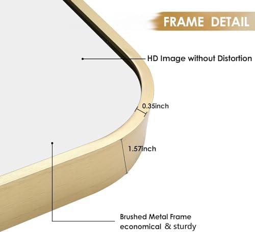 24x36 Inch Gold Bathroom Mirror, Brushed Brass Gold Metal Framed Rectangular - Image 4