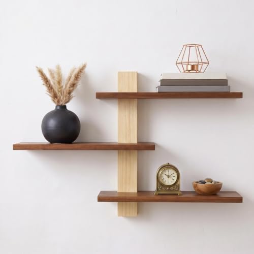 Pinkunn 2 Pack Floating Wall Shelf Mid Century Decor, Natural Wood, 3 Tier - Image 4
