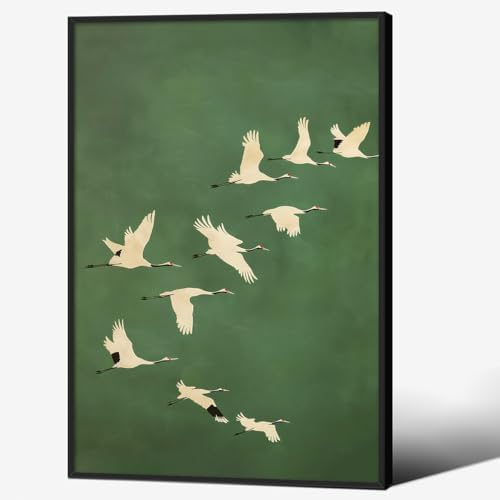 Emerald Green Gold Cranes Wall Art Japanese Bird Poster 16X24 inch Black Framed by Unknown