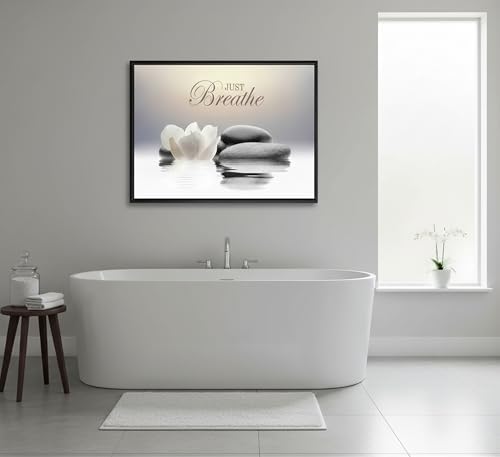 Framed-Zen White Lotus Wall Art, Just Breathe Bathroom Decor - Image 2