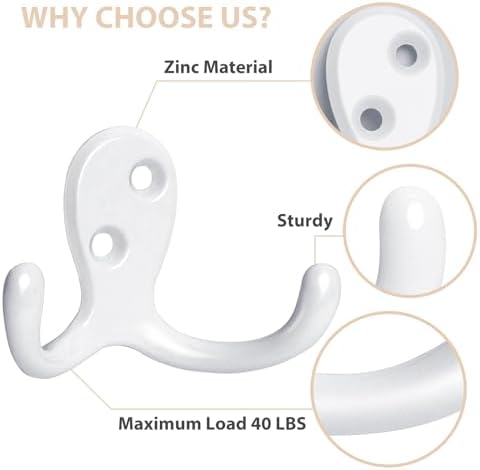 Homanu 10 Pack White Coat Hooks Wall Mounted Double Prong - Image 4