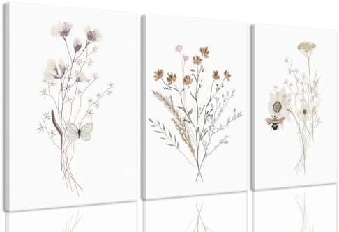 Bwodke Bee and Butterfly Floral Canvas Wall Art Set of 3, 16x24 inch by Bwodke