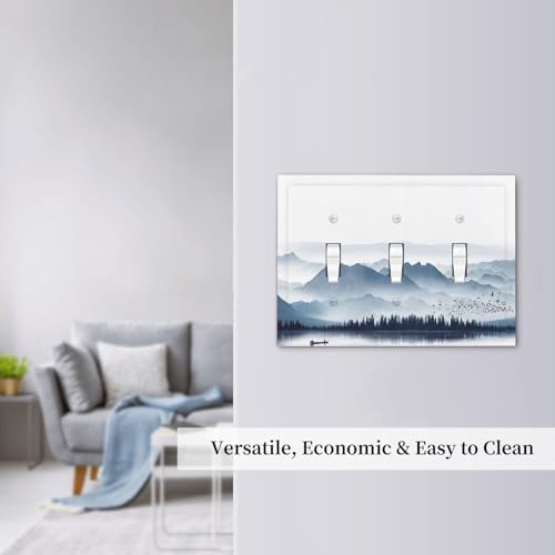 Decorative Switch Plates Mountain Foggy Lake Boat Grey Blue Forest Birds 3 Gang - Image 7