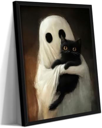 Framed Vintage Halloween Ghost Wall Art, Cute Ghost Hugging Black Cat Canvas by Unknown