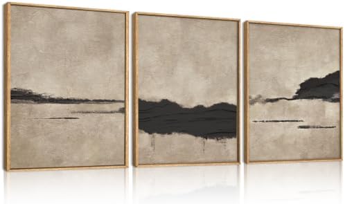 Black and Tan Abstract Neutral Framed Canvas Wall Art Set, Dark Brown Black by Aryroi
