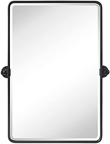 Farmhouse Pivot Rectangle Bathroom Mirror Black Metal Framed Tilting Beveled - Image 3