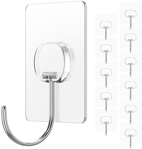 Adhesive Wall Hooks No Drill Large Clear Heavy Duty, 13LB Sticky 12 Pack by JINSHUNFA